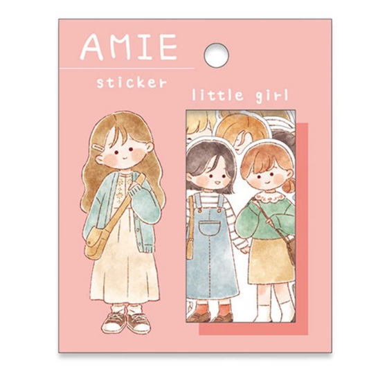 Sticker pack with illustrations of little girls on a pink background, featuring the brand 'AMIE'.