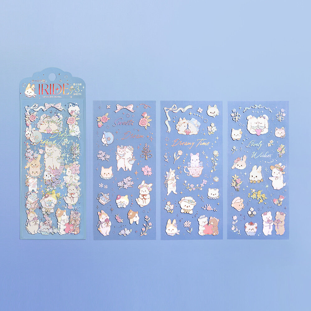 Set of cute animal-themed stickers on a blue background