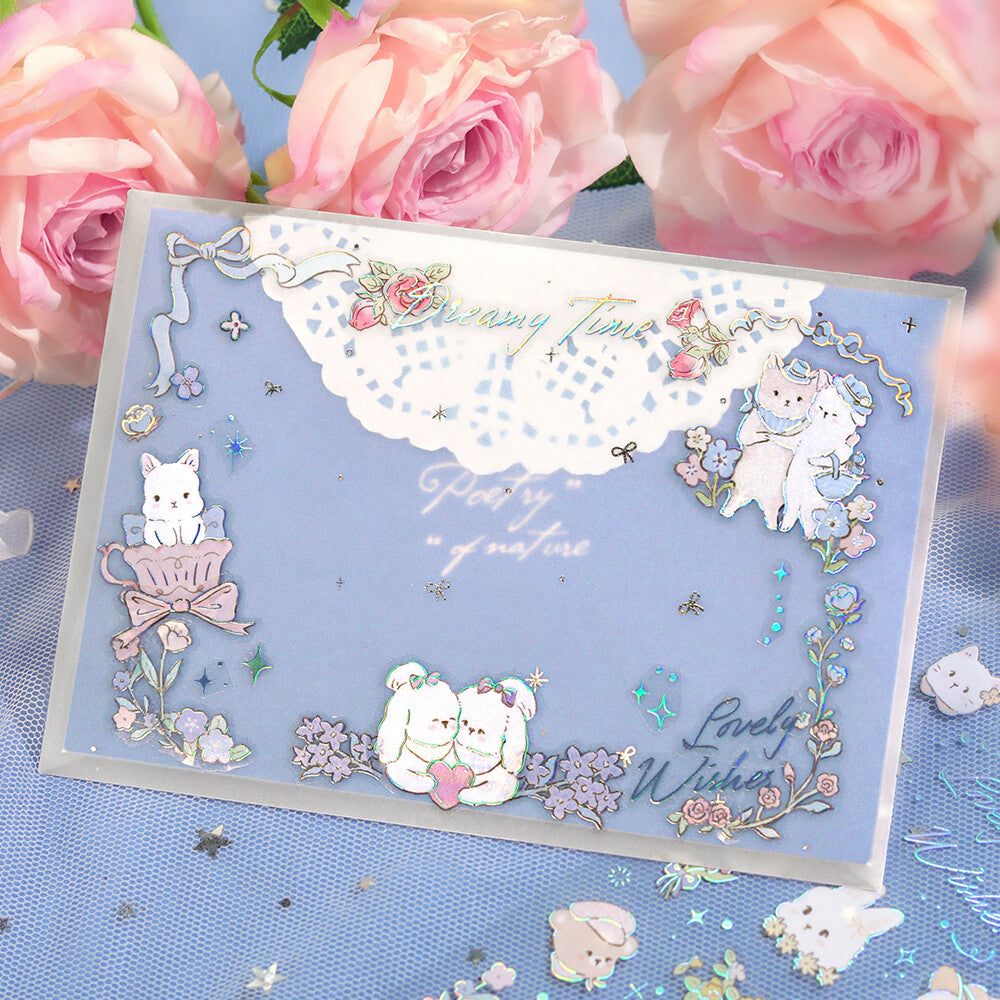 Greeting card with cute illustrations of cats and flowers, surrounded by pink roses.