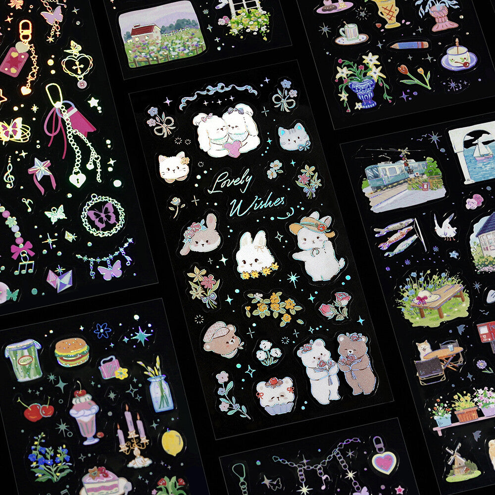 Collection of black stickers with colorful illustrations on a black background