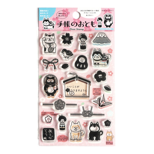 Pack of clear stamps with black and white designs on a pink background