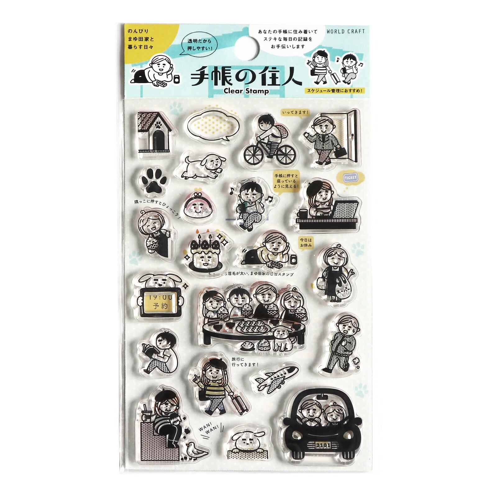 Clear stamps with cartoon illustrations on a white background