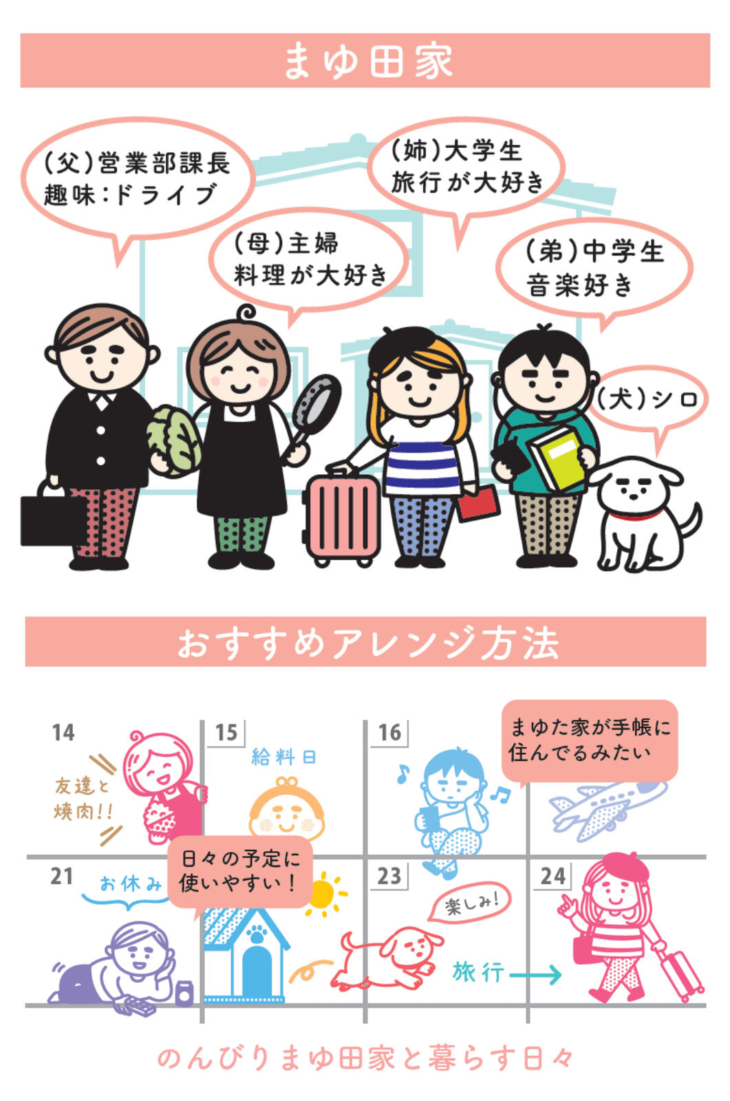 Illustration of a family with children and a dog, accompanied by Japanese text and a schedule.