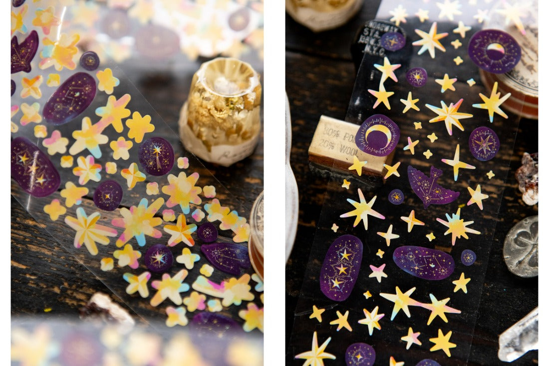 Star and sky designs on PET clear tape on wood background