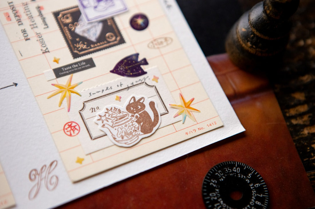 Stickers used on an antique paper on leather background
