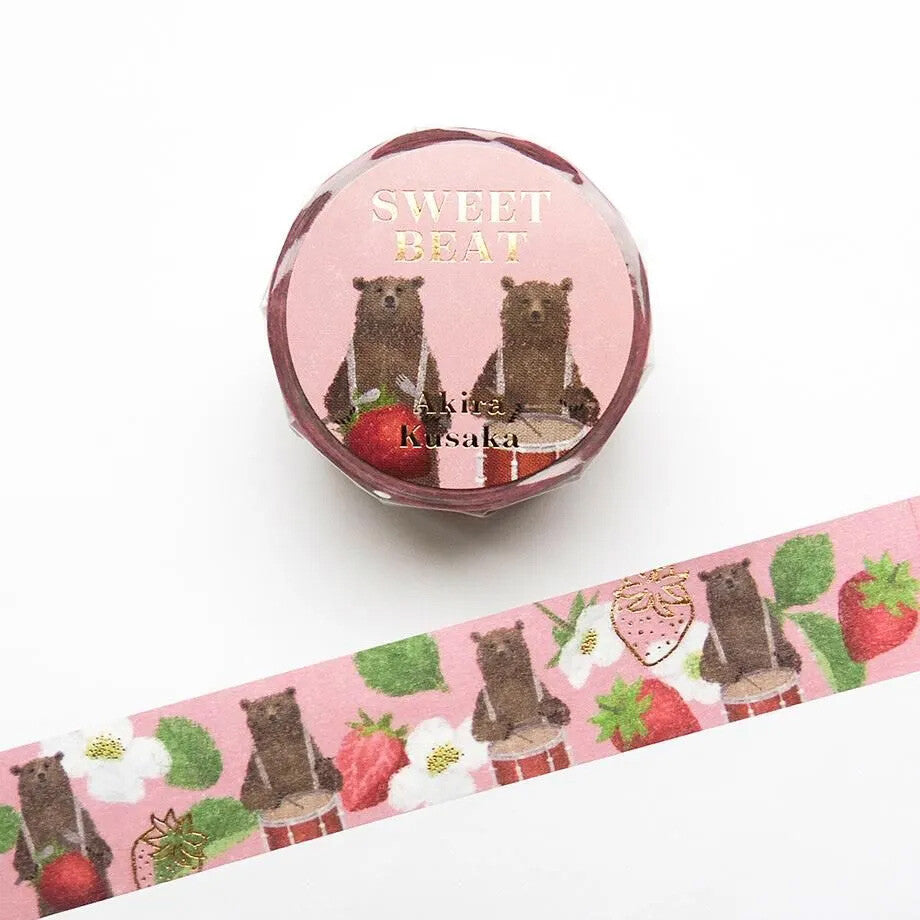 Washi tape featuring illustrations of 2 bears playing the drums on a white background