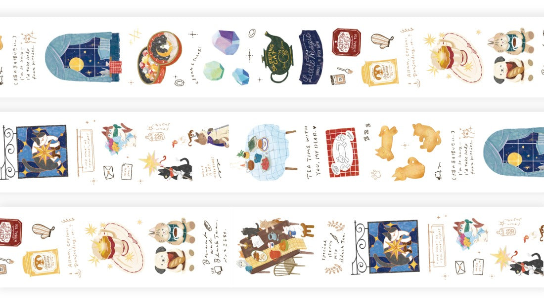 3 Loops of PET designs with cats and tea on a white background