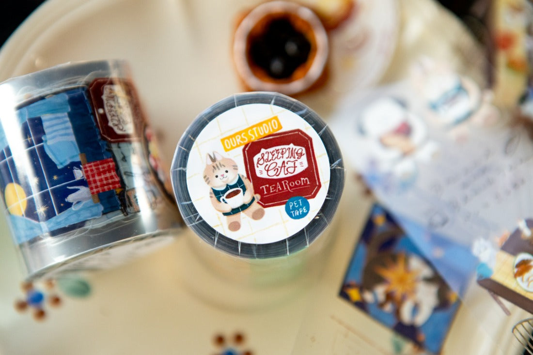 Two rolls of PET tape with cute cat illustrations on a plate background