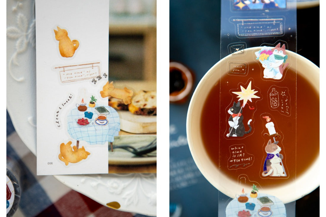 Two pictures of PET decorative tape designs with cats on different backgrounds