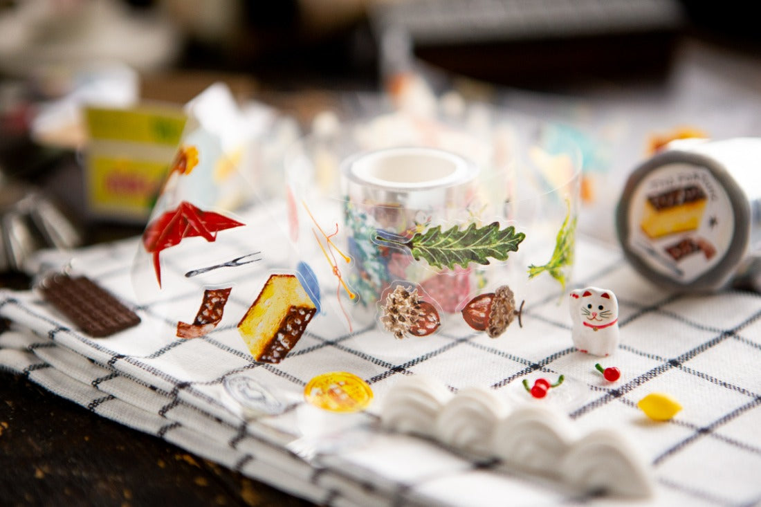 Roll of clear PET tape with decoration on a tea towel