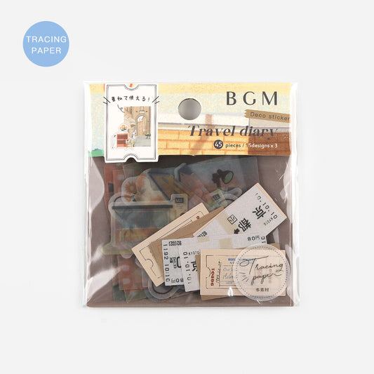 Packaged BGM travel diary with decorative stickers on a white background