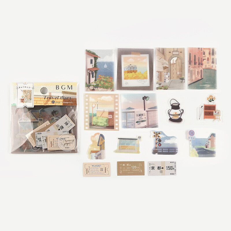 Set of decorative stickers with scenic and product images on a white background
