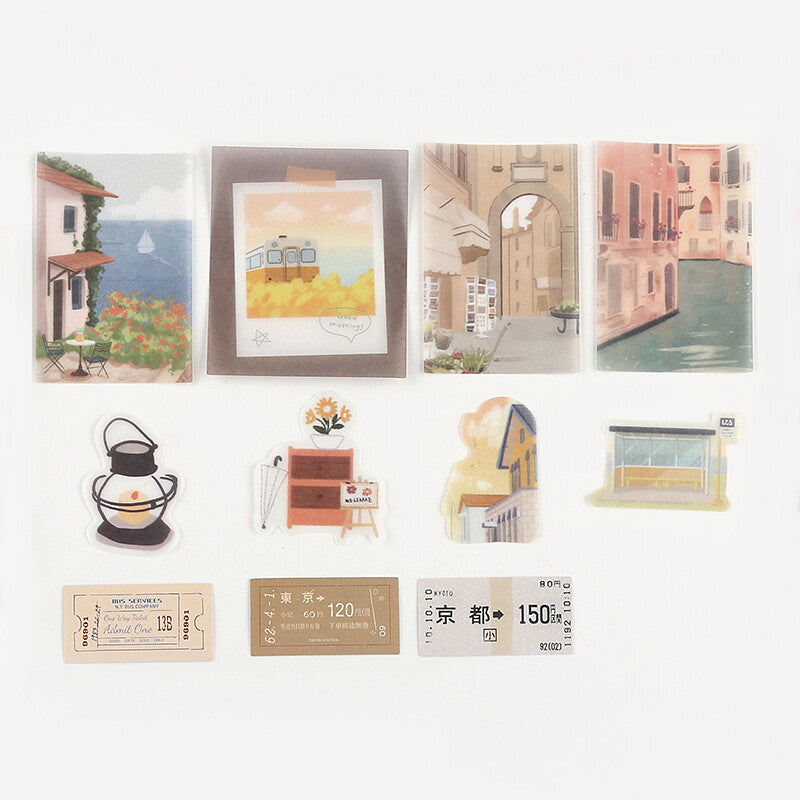 Set of illustrated postcards with scenic views and everyday objects on a white background