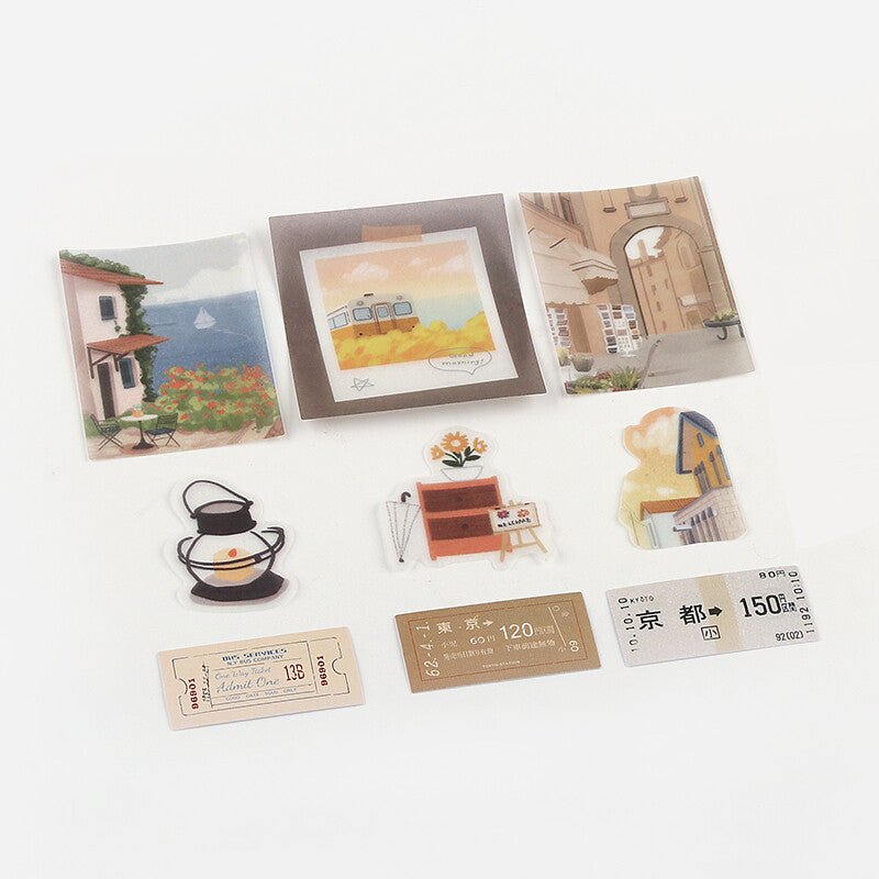 Set of illustrated postcards with scenic and architectural designs on a white background