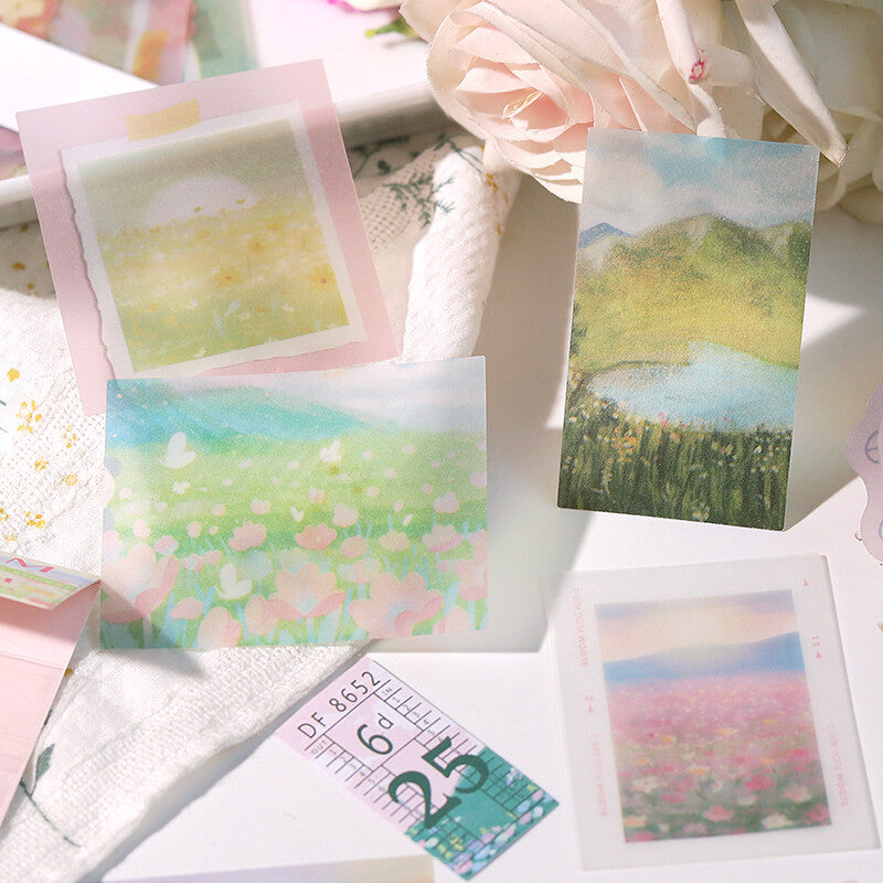 Scenic postcards with nature scenes on a white surface with a ruler for scale.