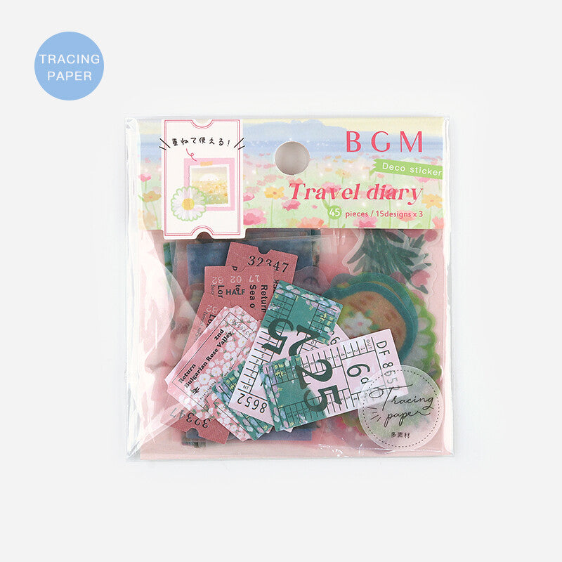 Packaged BGM travel diary deck stickers with decorative elements on a white background