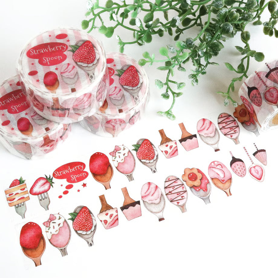 Sticker set with strawberry-themed designs on a white background with greenery.