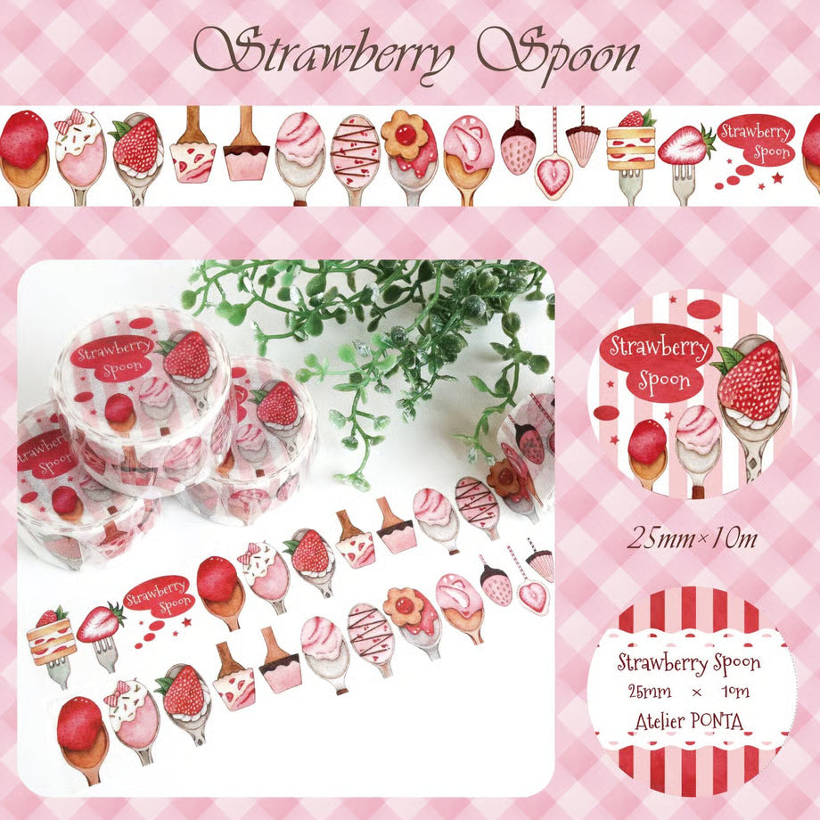 Strawberry-themed product set with packaging and illustrations on a pink checkered background.