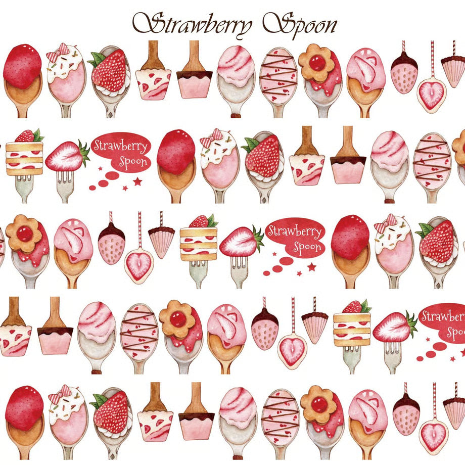 Pattern of dessert spoons with strawberries and other treats, branded 'Strawberry Spoon'.