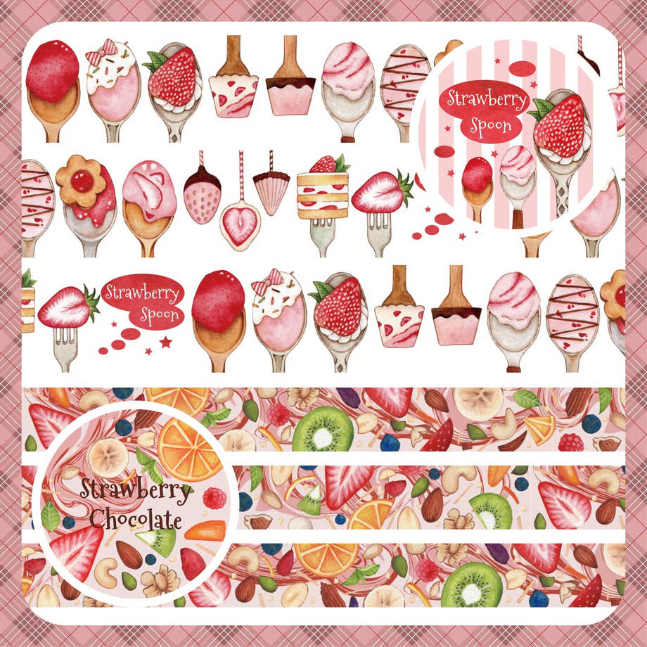 Washi design with strawberry-themed designs on a pink plaid background