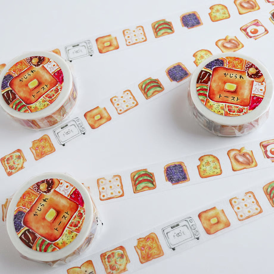 Three rolls of decorative tape with food-themed designs on a matching background.