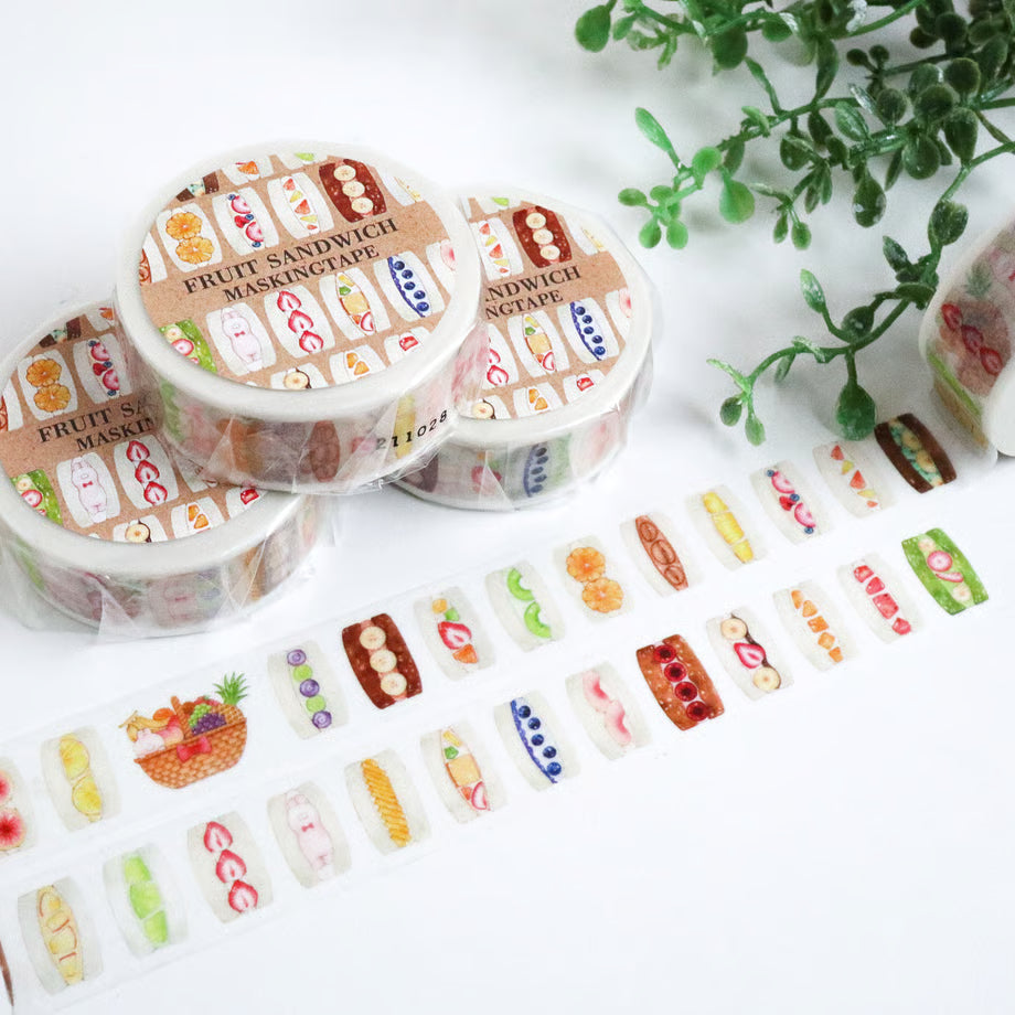 Fruit sandwich-themed washi tape with decorative stickers on a white background