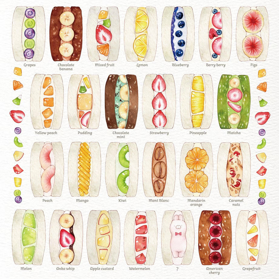 Illustration of various fruit and dessert combinations on a white background