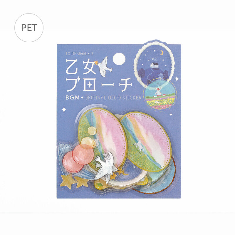 BGM - Clear PET Stickers, maiden brooch landscape, blue front