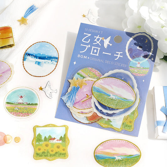 BGM - Clear PET Stickers, maiden brooch landscape, blue use