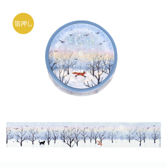 Washi tape with winter-themed design featuring trees, animals, and text on a white background.