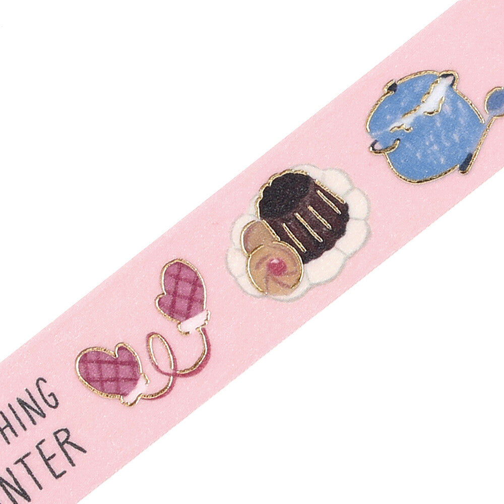 Decorative washi tape with cartoon character designs on a pink background