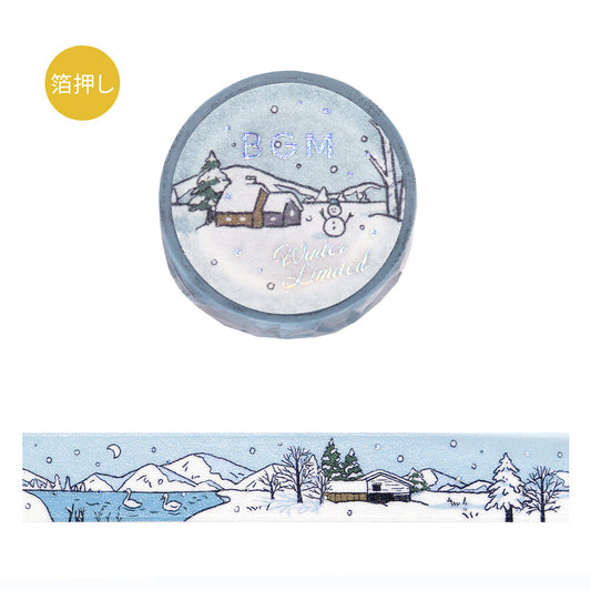 Washi tape with winter scene illustration and 'BGM' text on a white background