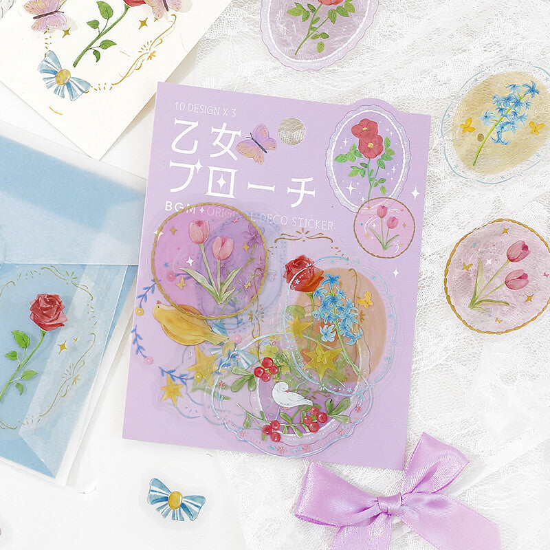 BGM - Clear PET Stickers, maiden brooch flower, purple use