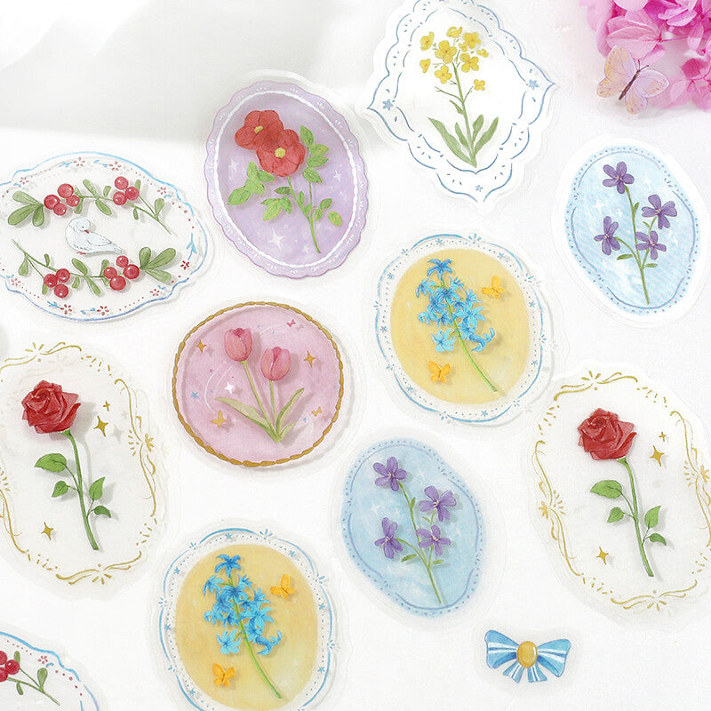 BGM - Clear PET Stickers, maiden brooch flower, purple designs