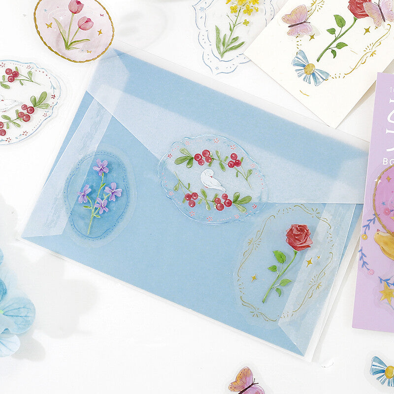 BGM - Clear PET Stickers, maiden brooch flower, purple illustration