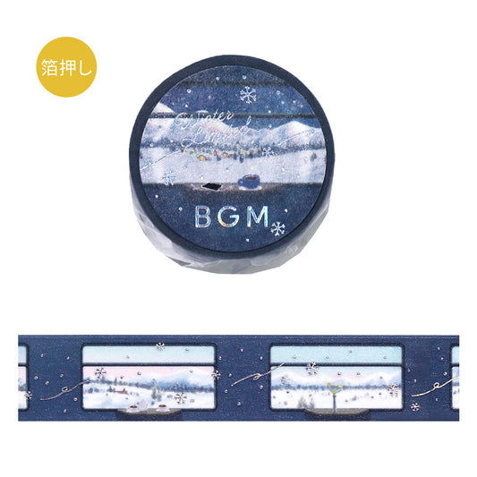Washi tape with snow scene design and 'BGM' text on a white background