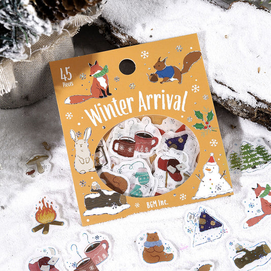 Pack of winter-themed stickers with animals and activities on a snowy background