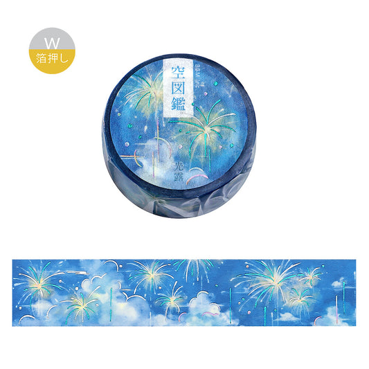 Washi tape with blue and white design featuring fireworks and clouds on a white background.