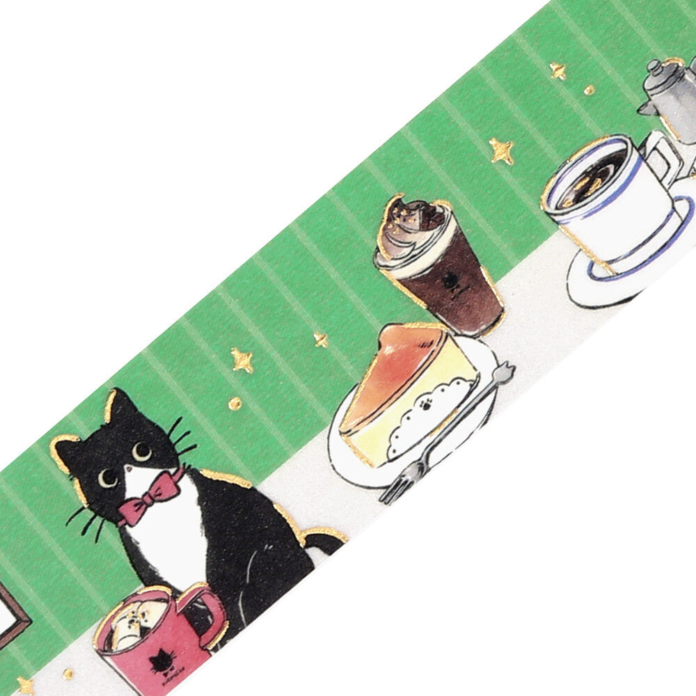 Design featuring a black cat, coffee cups, and a green background with stripes and stars.