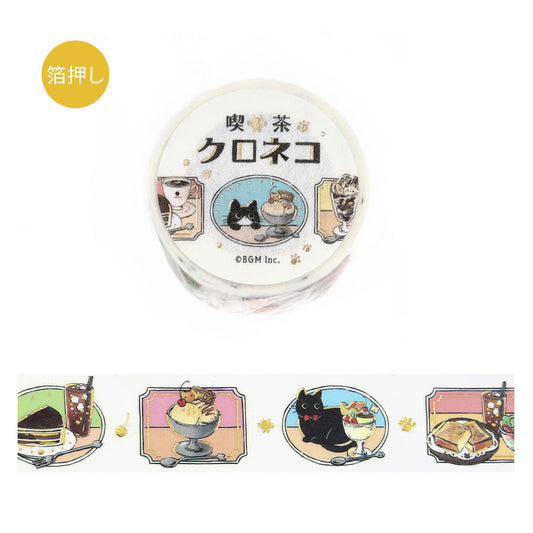 Washi roll with cat-themed illustrations on a white background