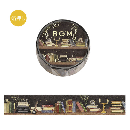 Decorative item with 'BGM' text and bookshelf design on a white background