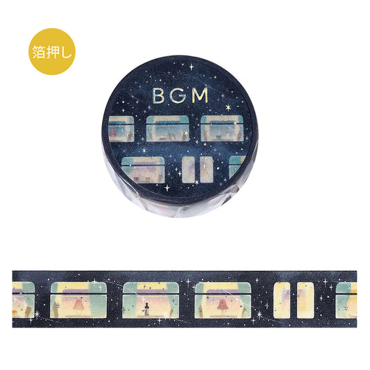 Roll of decorative tape with 'BGM' text and film strip design on a white background