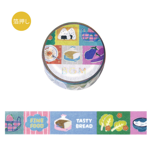 Decorative washi tape with colorful designs and text on a white background