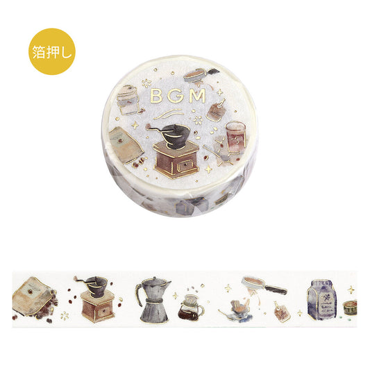 Washi tape with coffee-themed illustrations and 'BGM' text on a white background