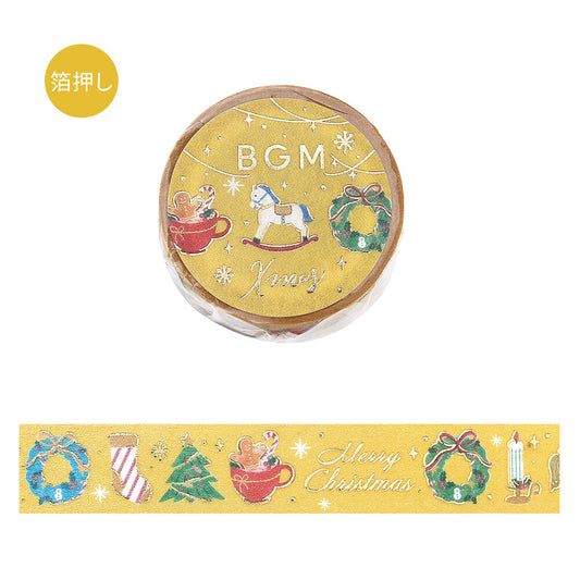 Washi tape with Christmas-themed design on a yellow background
