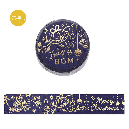 Decorative washi tape with gold Christmas designs on a blue background