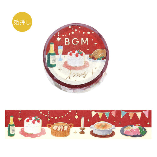 Decorative washi tape with illustrations of a cake, bottles, and other items on a red background.