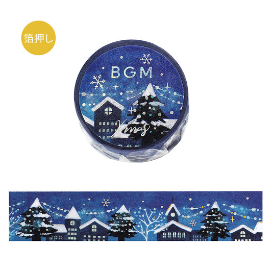 Decorative washi tape with winter scene design and 'BGM' text on a white background.