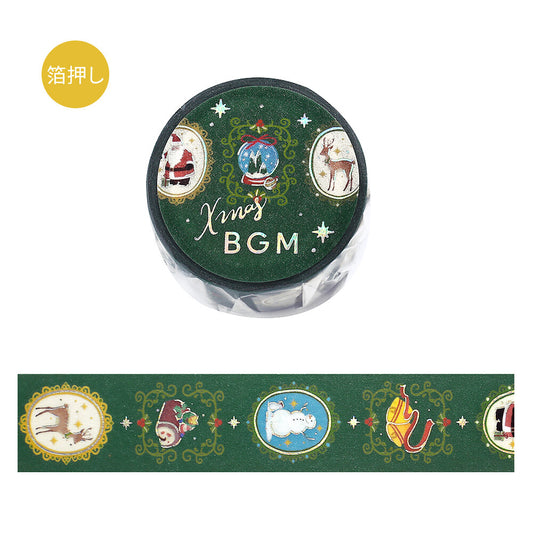 Decorative washi tape with Christmas-themed illustrations on a green background