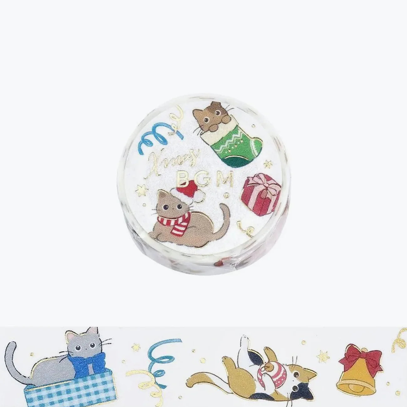 Round container with cat illustrations and text on a white background